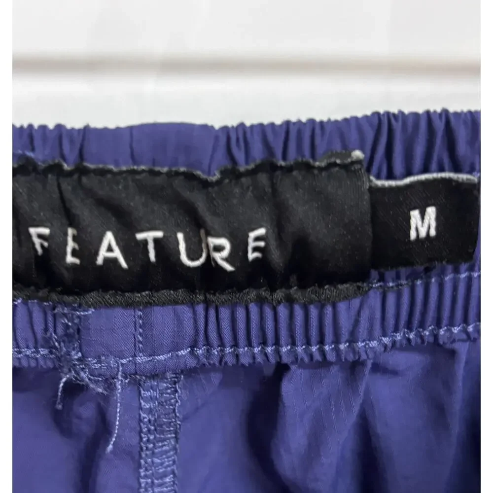 Feature Swim Trunks Men Medium Navy Blue Elastic Pockets Waist Athletic Shorts